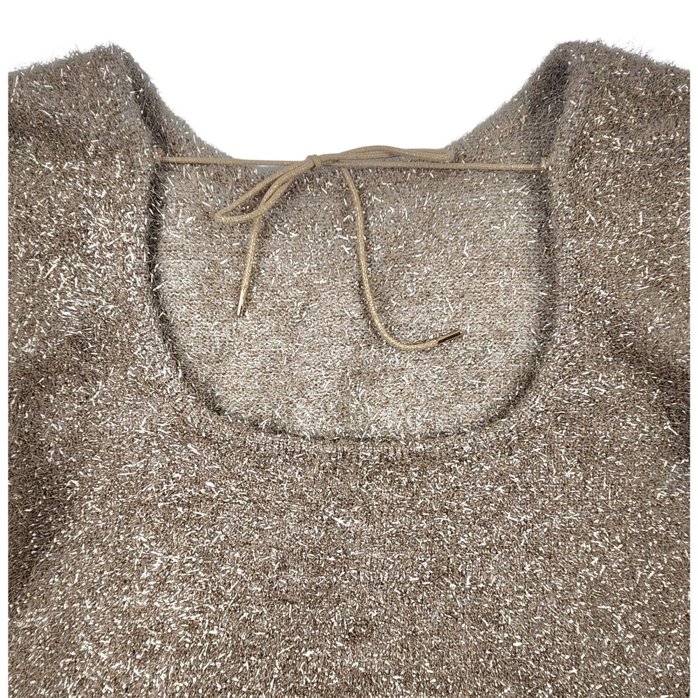 By Anthropologie Eyelash Pullover Sweater M Gold Metallic Tinsel Scoop Back Tie - Picture 7 of 12